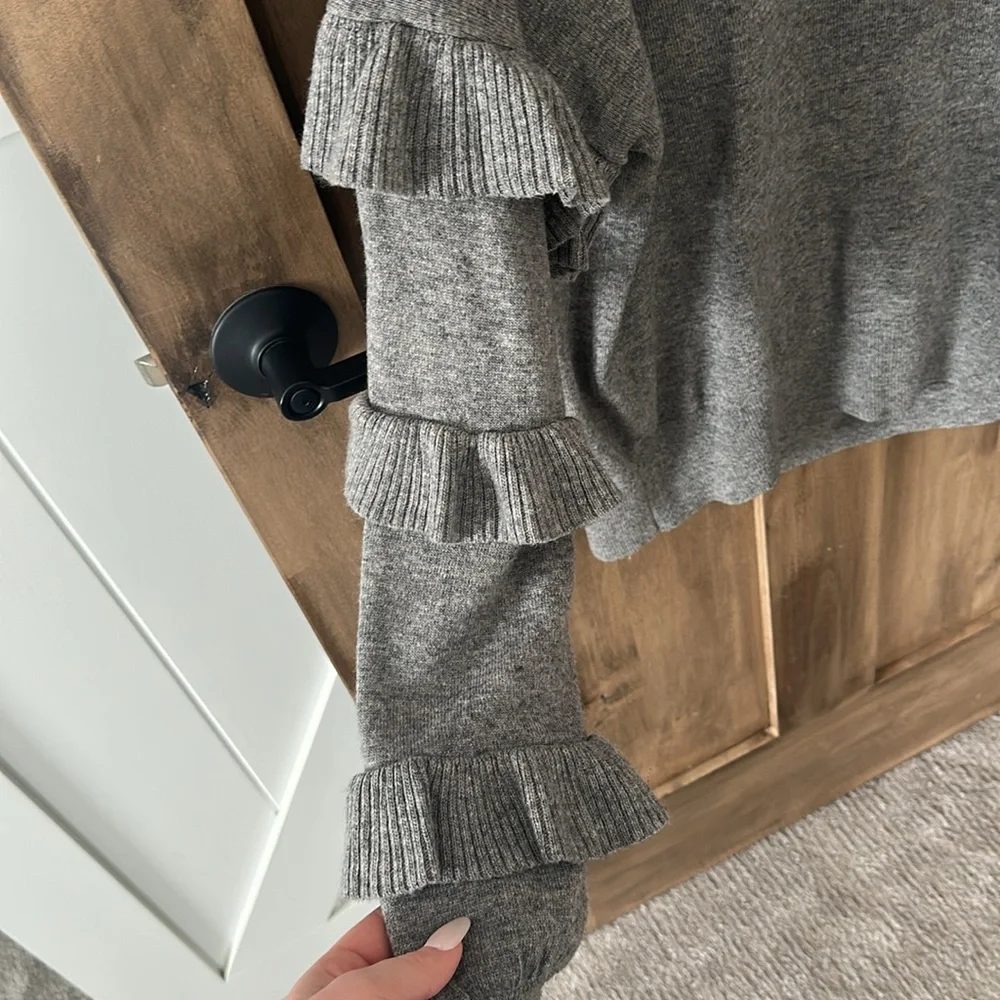 J Crew Gray Ruffle Sleeve Sweater